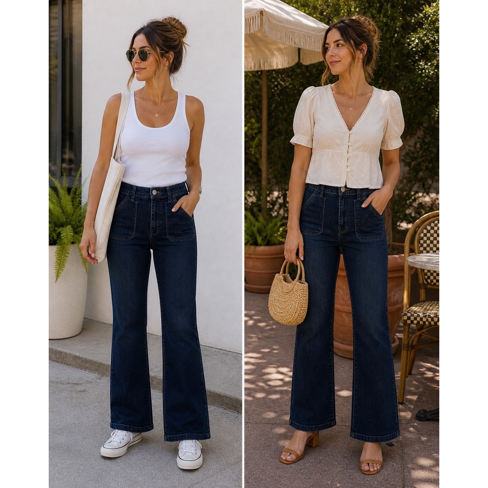 Knox Rose Jeans Dark Indigo Flare Patch Pocket Boho Denim 16